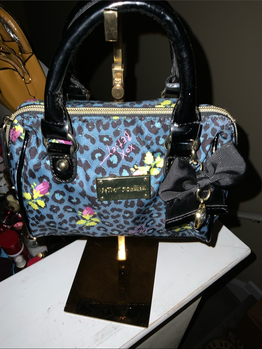 Betsey Johnson Blue Leopard Floral Satchel with Black Bow - Picture 2 of 3
